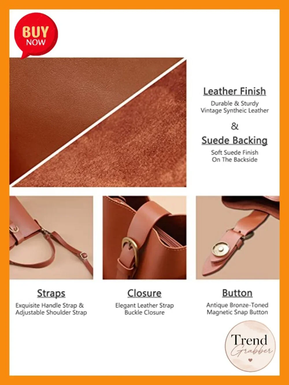 Vegan Leather Bucket Bag Handbag with Removable Pouch Crossbody Adjustable Strap